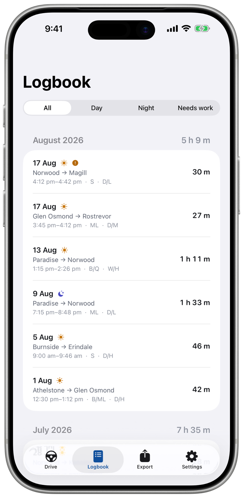 The logbook screen: drives grouped by month with day and night markers, times and durations.