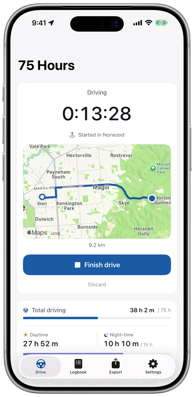 A drive in progress: a running timer, the starting suburb, and the route drawn on a map, following the roads taken.