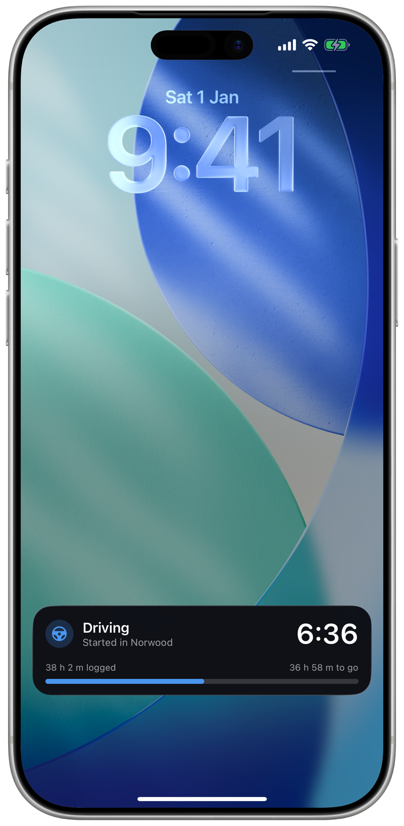 An iPhone Lock Screen with a 75 Hours Live Activity: Driving, started in Norwood, a running timer, and progress toward the 75 hours.