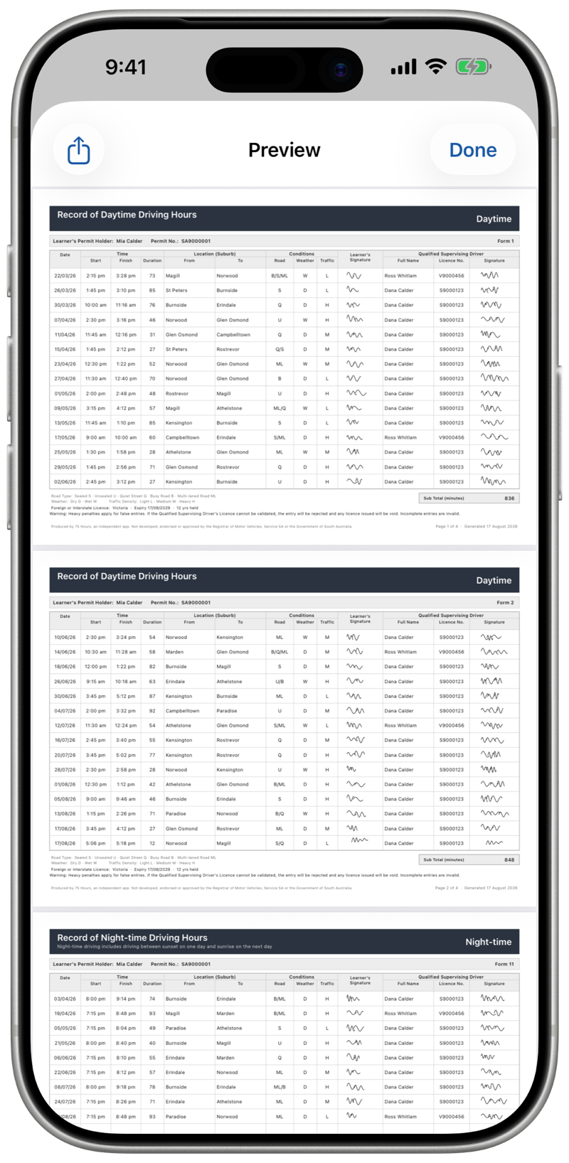 A preview of the generated PDF: Record of Daytime Driving Hours and Record of Night-time Driving Hours forms, filled in with dates, times, suburbs, conditions and signatures.