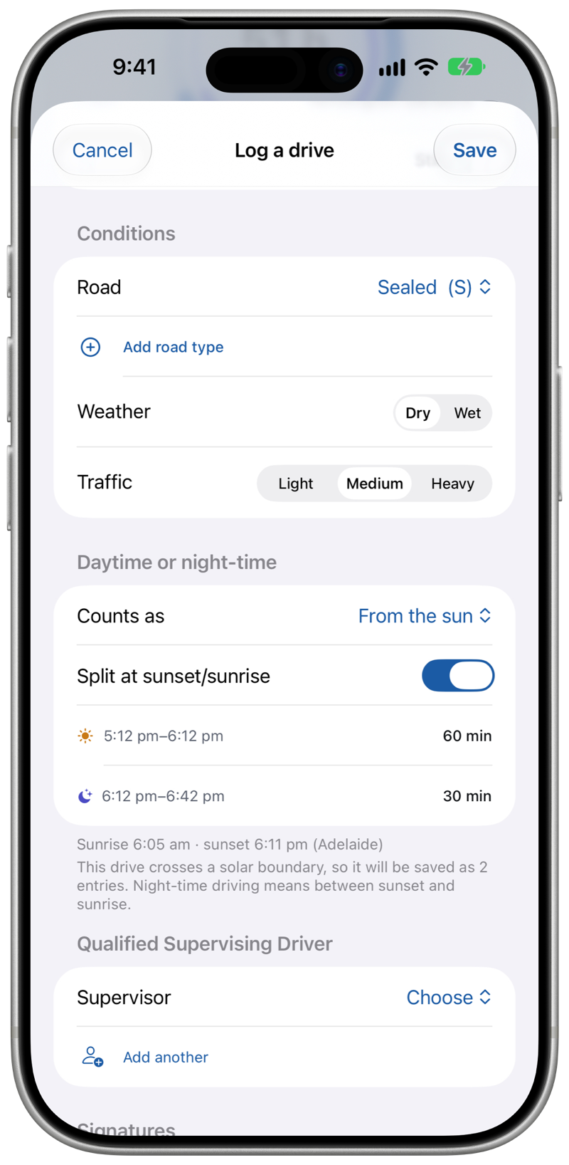 The Log a drive screen with Split at sunset/sunrise switched on: the drive from 5:12 pm to 6:12 pm counted as 60 daytime minutes, and 6:12 pm to 6:42 pm counted as 30 night-time minutes.