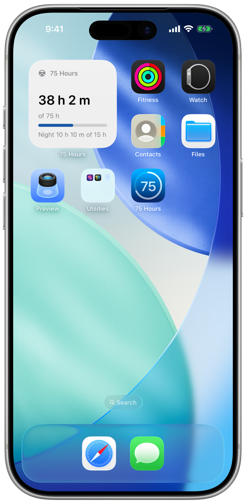 The 75 Hours Home Screen widget showing progress toward 75 total hours and 15 night hours.