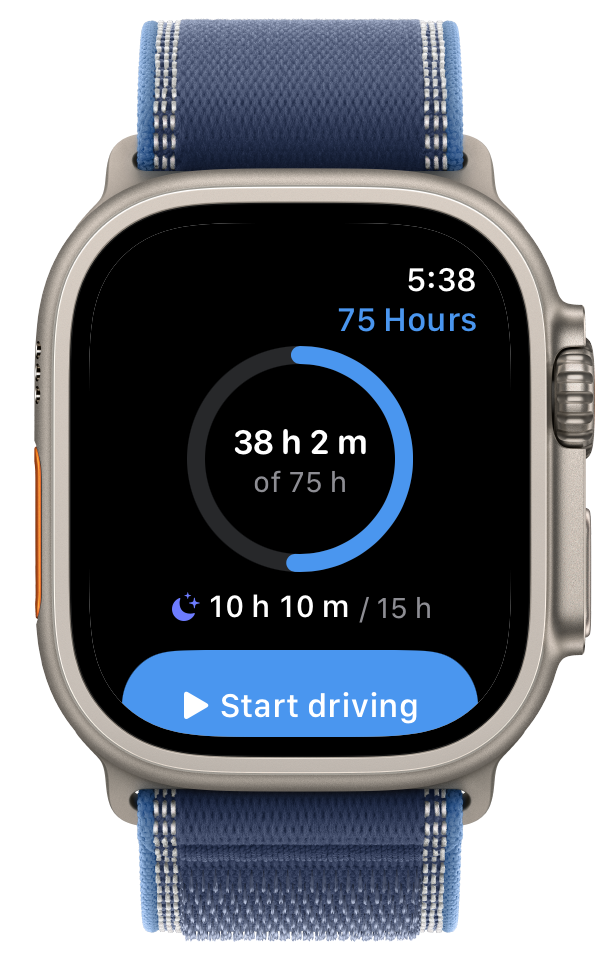 The 75 Hours app on an Apple Watch Ultra: a progress ring reading 38 hours 2 minutes of 75, night-time hours below it, and a Start driving button.